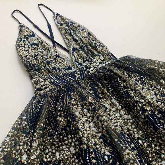 Luxxel Backless Sequin Mini Dress | Blue and Gold  | Size M - Picture 1 of 14